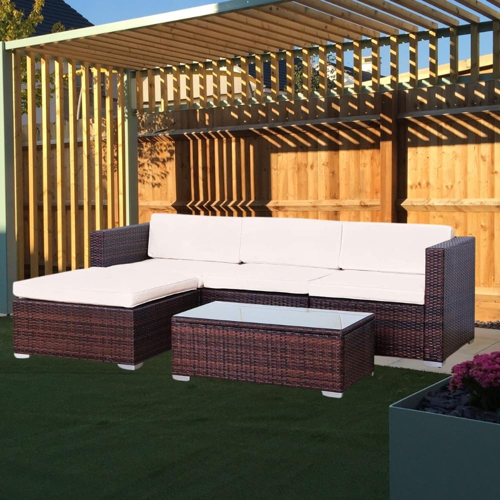 EVRE California Rattan Garden Furniture Set 5 Piece 3 Seater Sofa 1 Ottoman 1 Coffee Table Outdoor Wicker Weave Lounge Sofa and Glass Top Table with Cushions