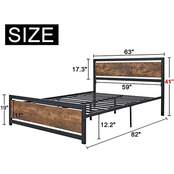 Amerlife Queen Size Bed Frame with Wood Headboard - Metal Platform Bed with Industrial Footboard - Heavy Duty Steel Mattress Foundation/ 4 U-Shaped Support Frames/Rustic Country Style/Easy Assembly Queen Dark Brown
