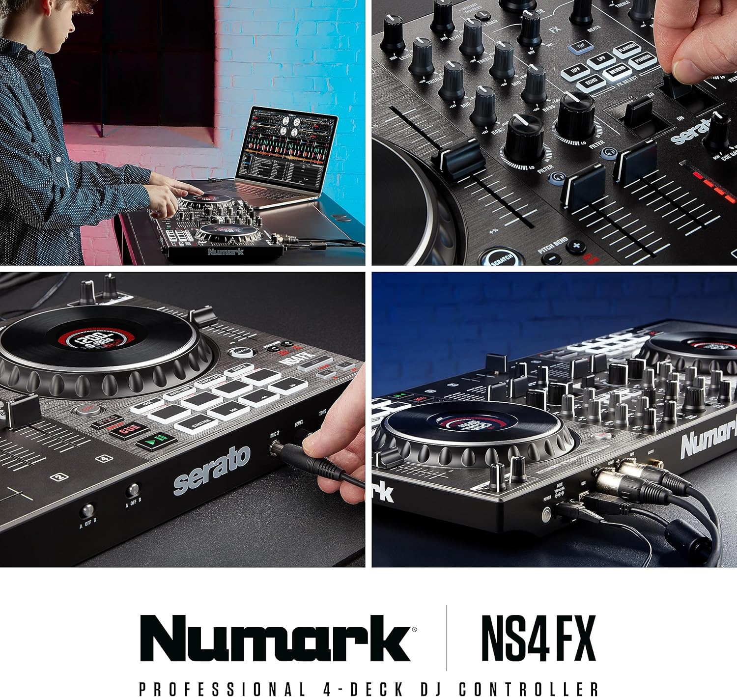 Numark NS4FX – 4-channel DJ Controller, Touch Jog Wheels with Display, Performance Pads and Effects, Booth and Main Outputs, Serato DJ Lite Included