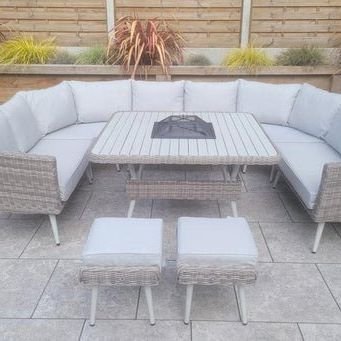 Weave Garden Furniture Danielle Grey Rattan U Shaped Corner Sofa Dining Set with FireDrinks Pit