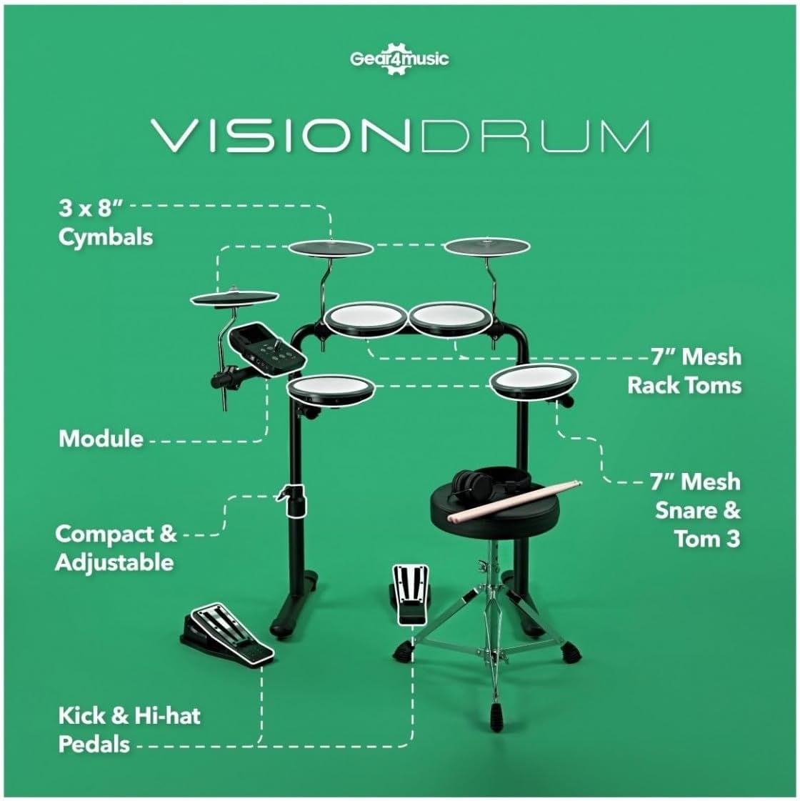 VISIONDRUM Compact Mesh Electronic Drum Set with Headphones and Stool for Kids & Adults by Gear4music