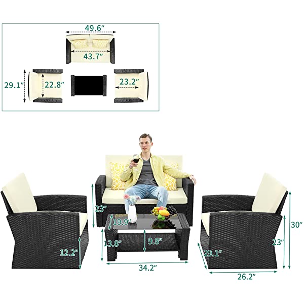 YITAHOME 4 Pieces Outdoor Furniture Sofa Set, PE Rattan Wicker Sectional Furniture Conversation Set with Cushions and Table for Porch Lawn Garden, Black