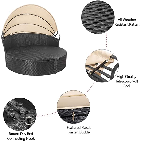 Homall Patio Furniture Outdoor Daybed with Retractable Canopy Rattan Wicker Furniture Sectional Seating with Washable Cushions for Patio Backyard Porch Pool Round Daybed Separated Seating (Beige)