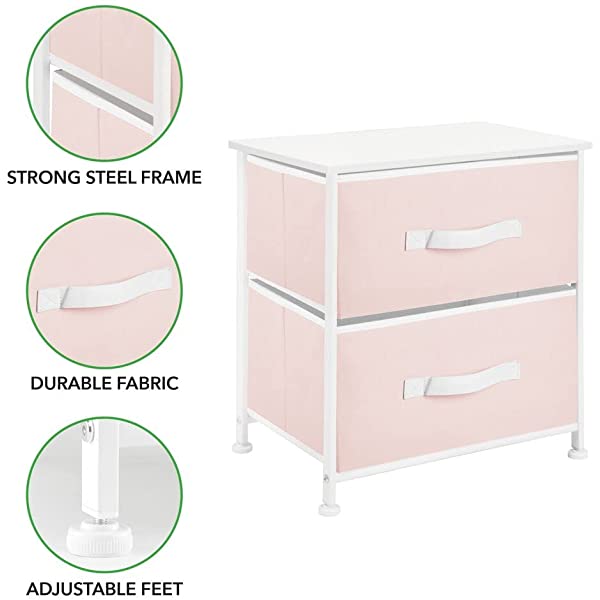 mDesign Storage Dresser End/Side Table Night Stand Furniture Unit - Small Standing Organizer for Bedroom, Office, Living Room, and Closet - 2 Drawer Removable Fabric Bins - Gray/White Grey