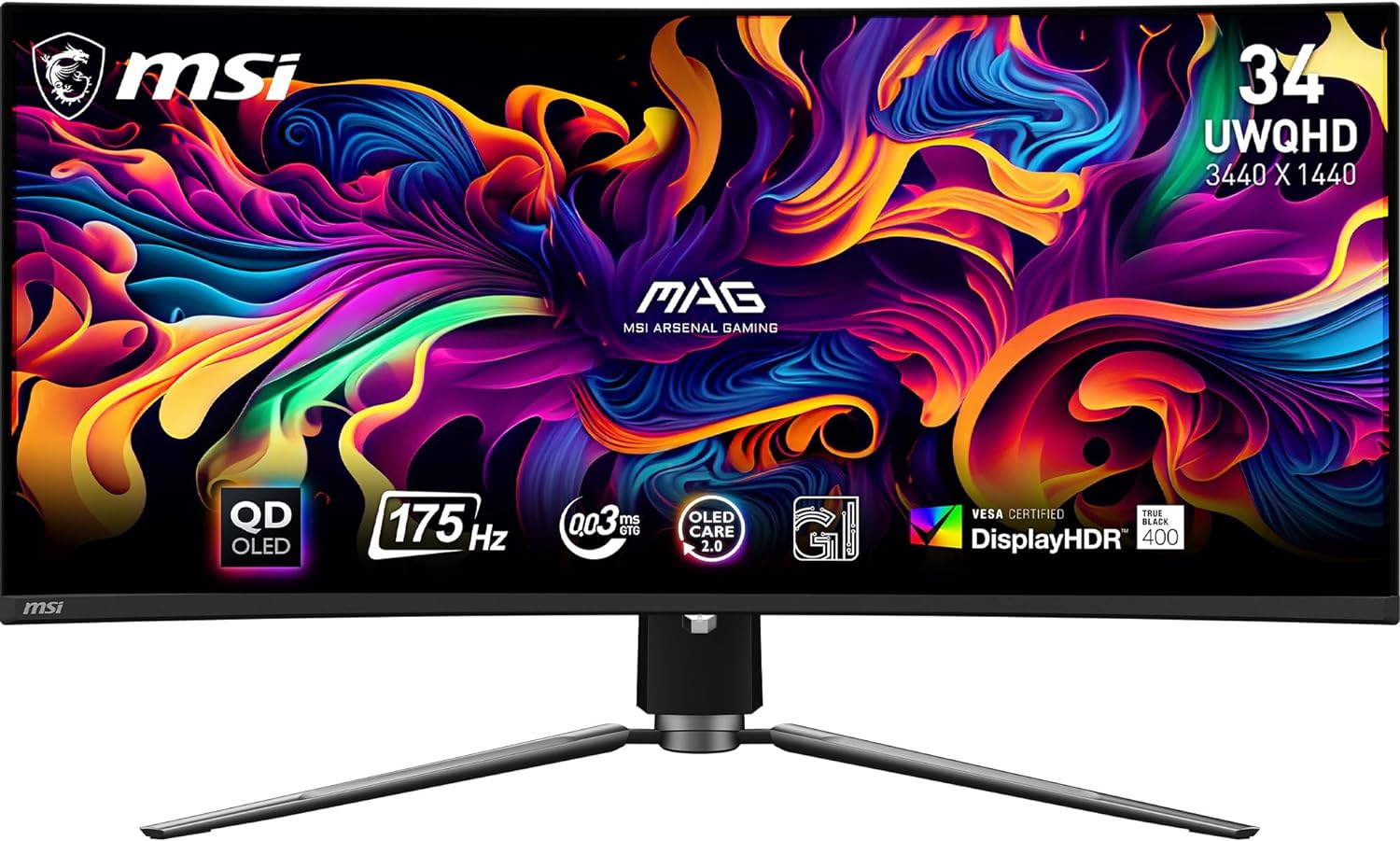 MSI MAG341CQP QD-OLED, 34 Curved OLED Gaming Monitor, 3440 x 1440 (UWQHD), OLED 0.03ms Response time, 175Hz, True Black HDR 400