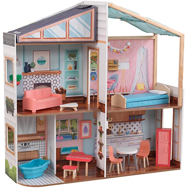 KidKraft Designed by Me™: Magnetic Makeover Wooden Dollhouse with Magnets, Fabric Wallpapers and 10 Pieces of Furniture, Gift for Ages 3+ Modern