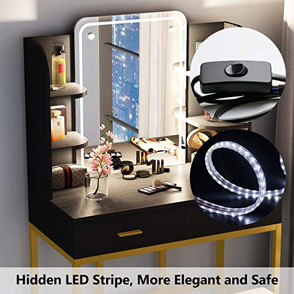 Vanity Set with LED Lighted Mirror and Cushioned Stool, Large Vanity Table Dressing Table Desk with Storage Shelves and 2 Drawers for Bedroom (Gold/w Lights)