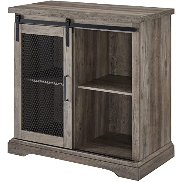 Walker Edison Beaumont Modern Farmhouse Sliding Slat Door Storage Cabinet, 32 Inch, White Oak White Oak Groove Door Cabinet