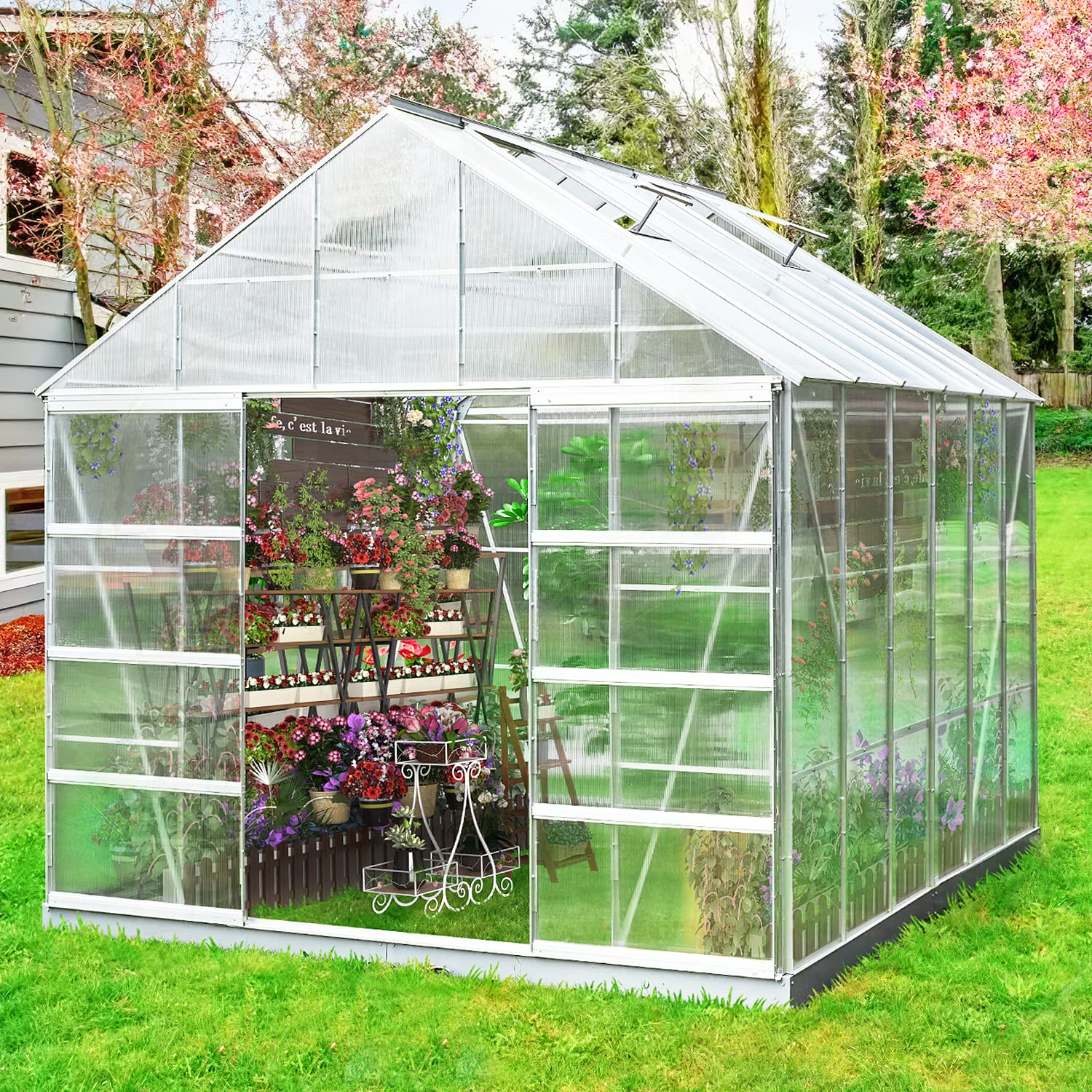12'x10'x10.3' Outdoor Walk-in Hobby Greenhouse for Plants, Polycarbonate Aluminum Green House