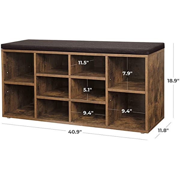VASAGLE Cubbie Shoe Cabinet Storage Bench with Cushion, Adjustable Shelves, Holds up to 440lb, Rustic Brown ULHS10BX