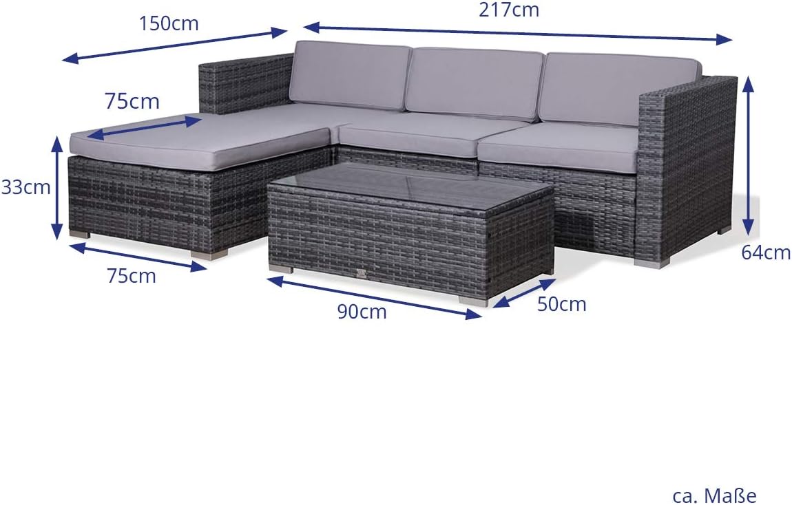 EVRE California Rattan Garden Furniture Set 5 Piece 3 Seater Sofa 1 Ottoman 1 Coffee Table Outdoor Wicker Weave Lounge Sofa and Glass Top Table with Cushions