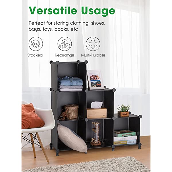 Puroma Cube Storage Organizer 6-Cube Closet Storage Shelves with Wooden Mallet DIY Closet Cabinet Bookshelf Plastic Square Organizer Shelving for Home, Office, Bedroom - Black Black Medium