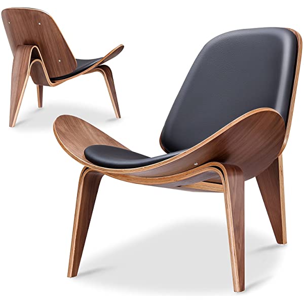 Rimdoc Three-Legged Shell Chair Mid Century Modern Lounge Chair with Black Leather Molded Plywood Accent Chair Reading Side Chair for Bedroom, Study, Office, Living Room (Black Walnut Wood)