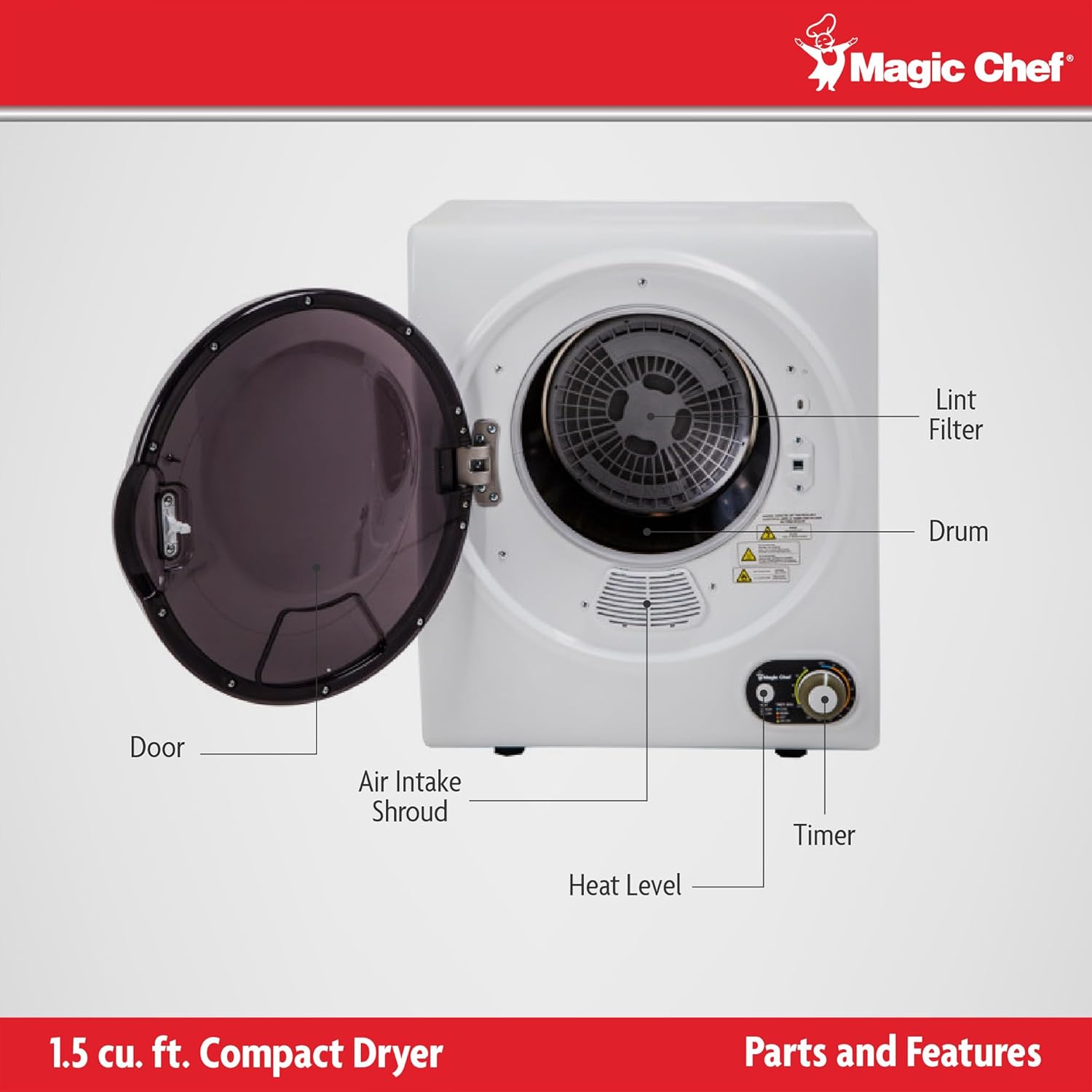 Magic Chef Compact Laundry Dryer Machine, Small Portable Dryer, Vented, 1.5 Cubic Feet, White