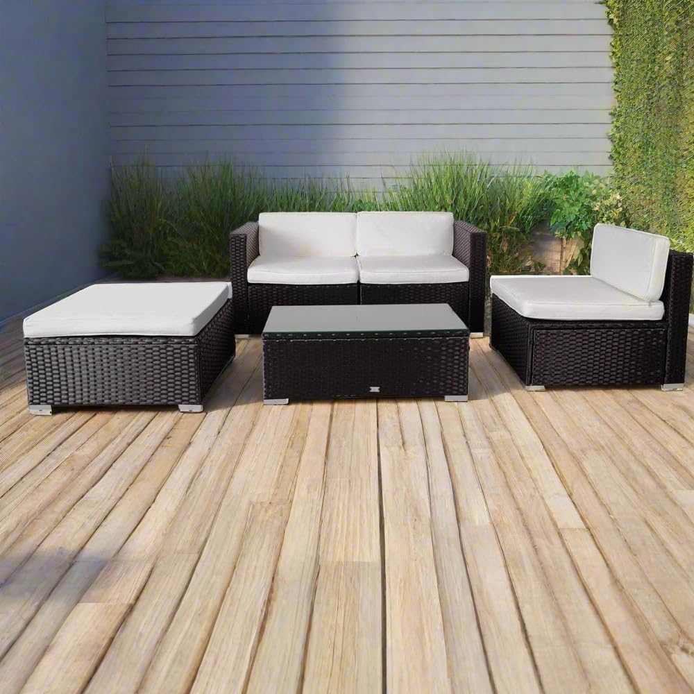 EVRE California Rattan Garden Furniture Set 5 Piece 3 Seater Sofa 1 Ottoman 1 Coffee Table Outdoor Wicker Weave Lounge Sofa and Glass Top Table with Cushions
