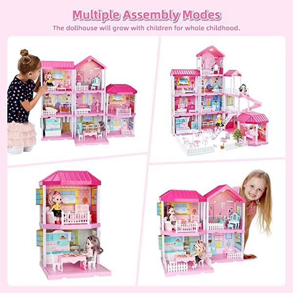 Doll House Kit,Dollhouse with Lights, Slide, Pets and Dolls, DIY Pretend Play Building Playset Toys with Asseccories and Furniture, Princess House for Toddlers, Kids Boy & Girl (11 Rooms)