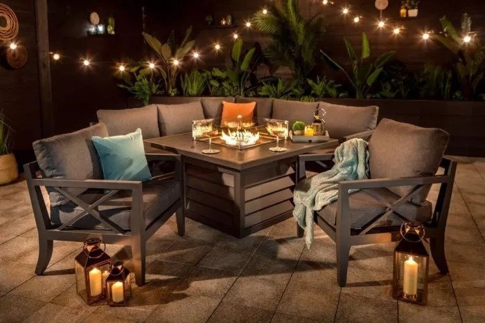 Hartman Sorrento Square Casual Dining Set With Gas Fire Pit & Lounge Chairs Corner Sofa set