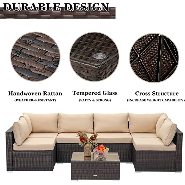 LayinSun 7 Piece Patio Furniture Sets, Outdoor Sectional Patio Conversation Set Wicker Rattan Sofa Chair Set with Cushion and Glass Table Beige