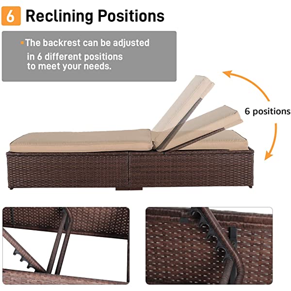 Patiorama Patio Chaise Lounge Chair, Sun Lounger, Outdoor Pool Beach Brown PE Rattan Wicker Reclining Chair W/Adjustable Backrest and Removable Cushion (Beige), Set of 2 2 Brown