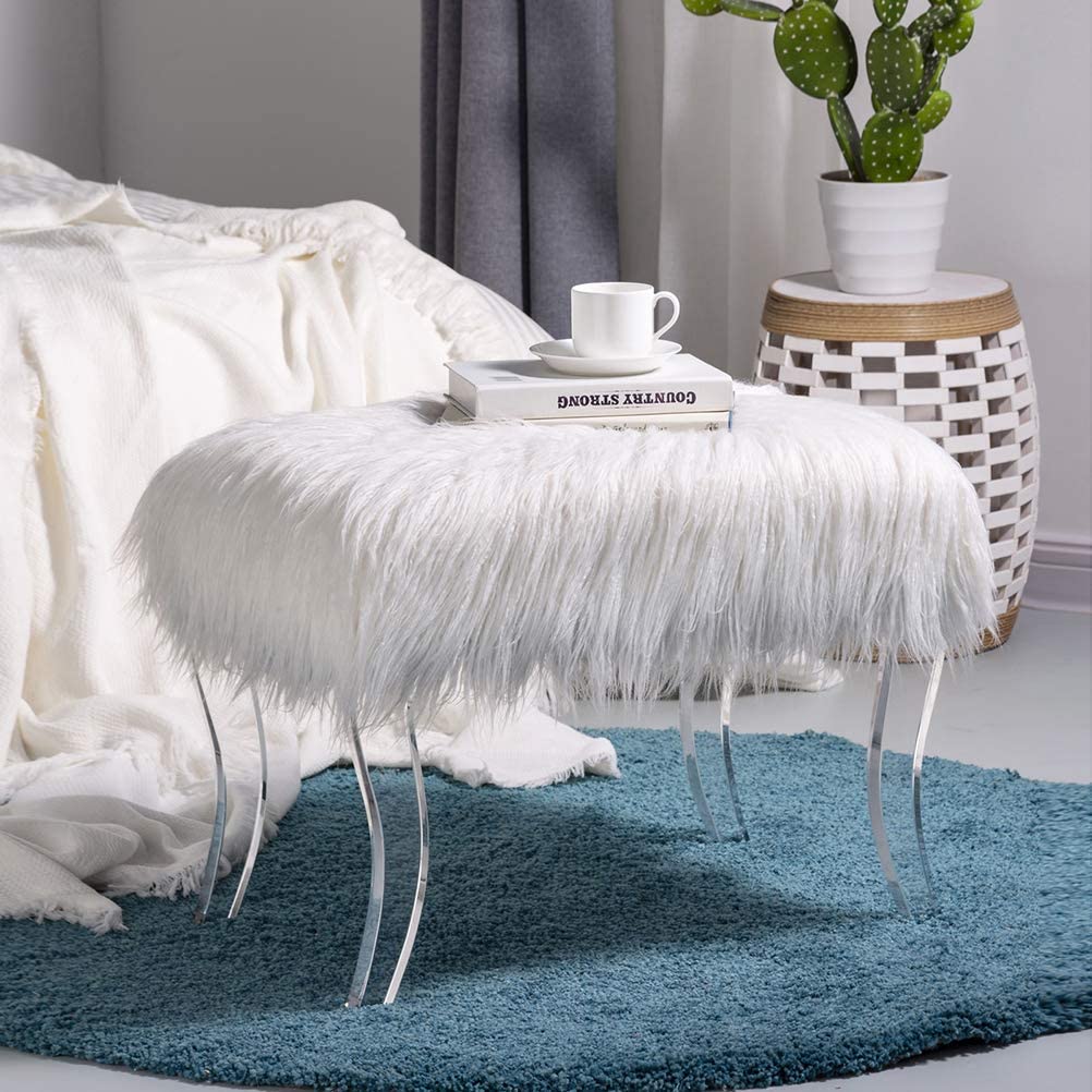 Glitzhome modern style white faux fur footrest stool vanity stool stool with acrylic legs decorative bench, suitable for bedroom