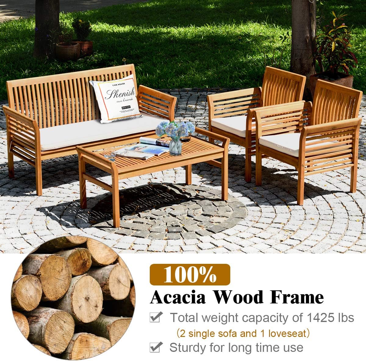 Tangkula 4 Piece Outdoor Acacia Wood Sofa Set