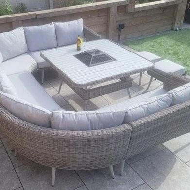 Weave Garden Furniture Danielle Grey Rattan U Shaped Corner Sofa Dining Set with FireDrinks Pit