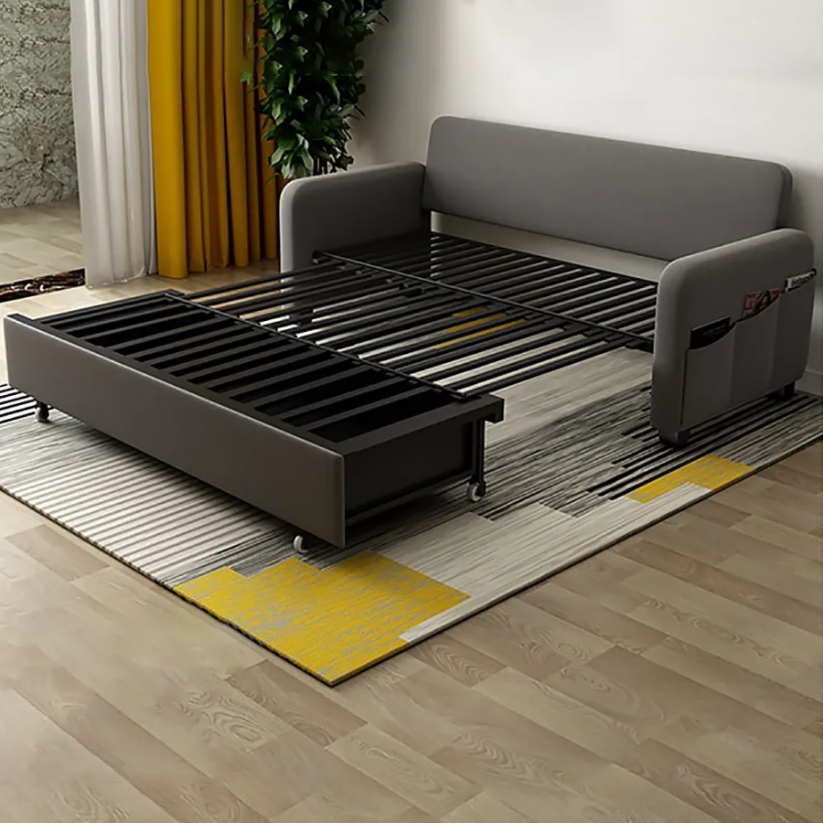 MODERN DEEP GRAY CONVERTIBLE SOFA BED FULL SLEEPER WITH STORAGE COTTON & LINEN UPHOLSTER