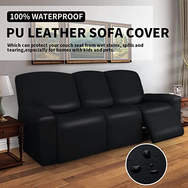 Easy-Going PU Leather Recliner Sofa Slipcovers, Waterproof Stretch Sofa Covers, 8 Pieces Stretch Furniture Protector, Elastic Strap Shield Pets Kids Children Cats Dogs Beige