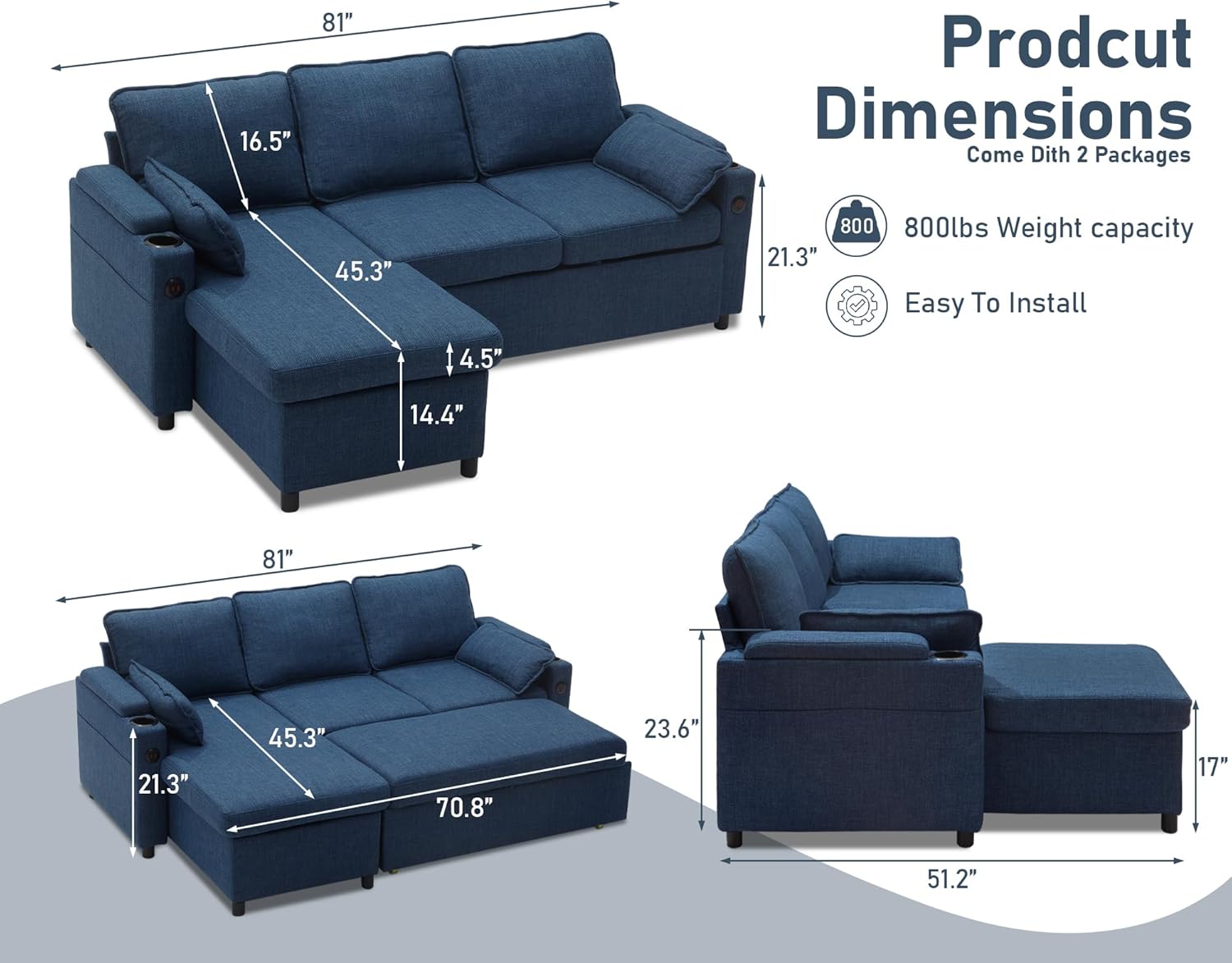 DURASPACE Sofa Bed Sleeper Pull Out 2 In 1 Sectional Sleeper Sofa Couches With Storage,USB, Cup Holder,Pullout Sectional Couches For Apartment Living Room