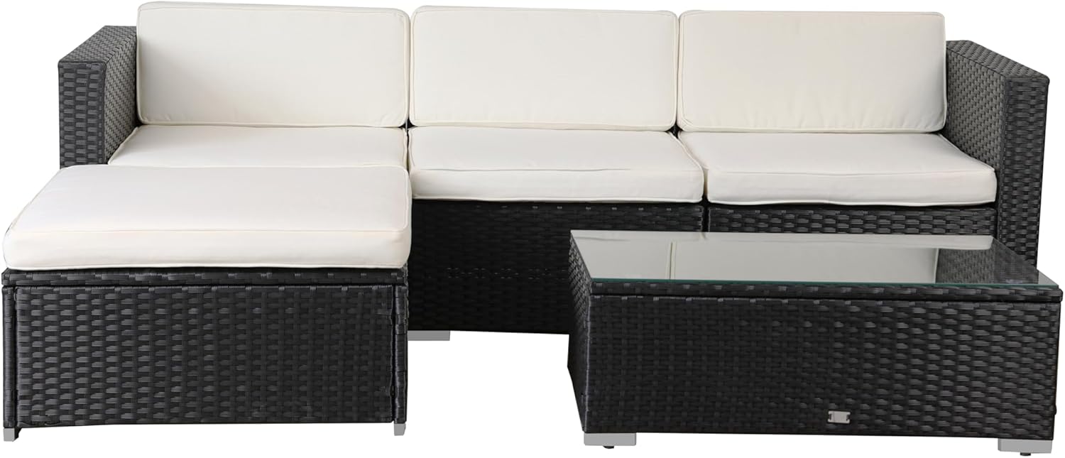 EVRE California Rattan Garden Furniture Set 5 Piece 3 Seater Sofa 1 Ottoman 1 Coffee Table Outdoor Wicker Weave Lounge Sofa and Glass Top Table with Cushions