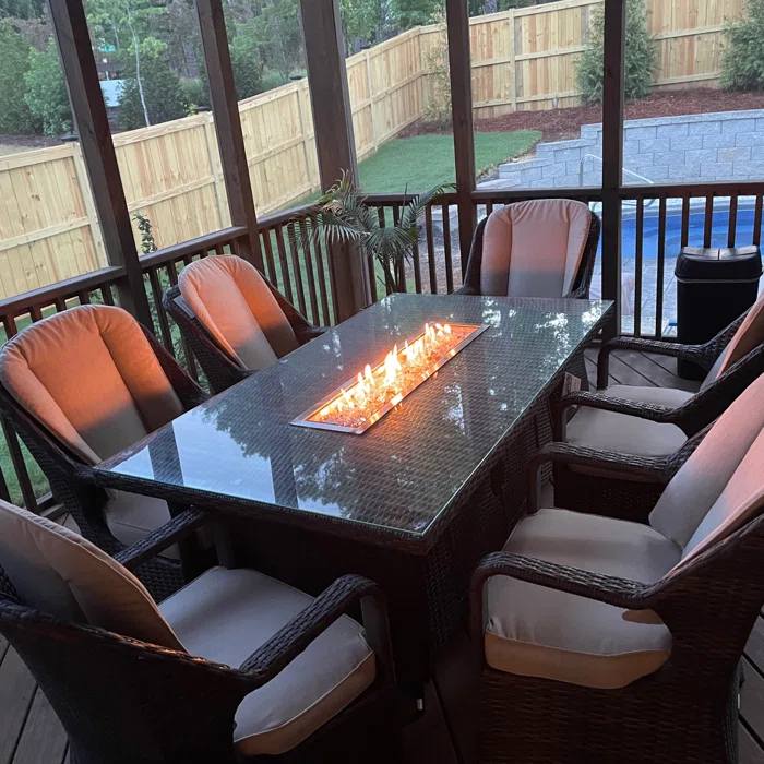 2020 Morden Living 7 pieces Hot Sell Outdoor Brown Wcker Fire Pit Dining Set