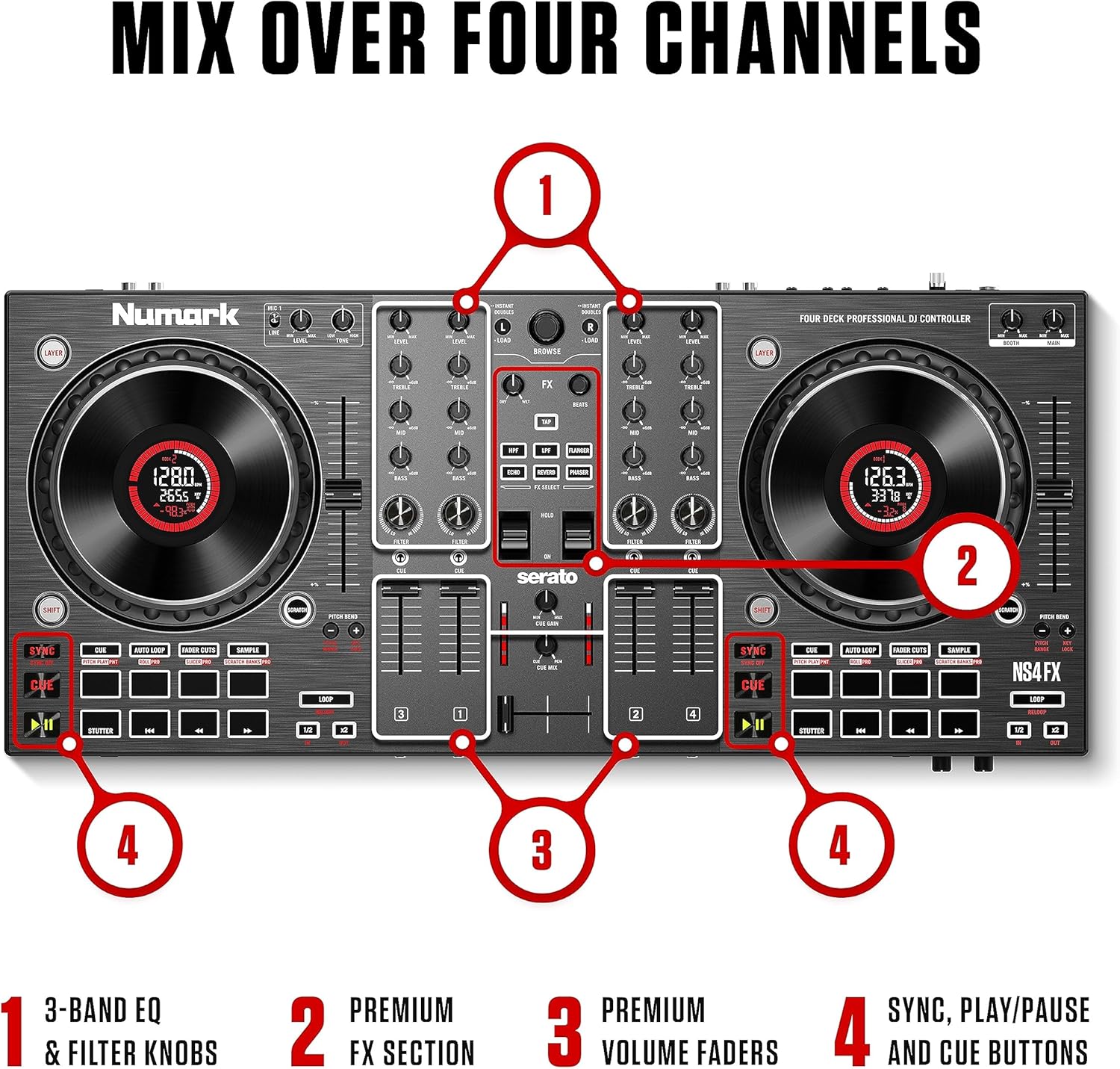 Numark NS4FX – 4-channel DJ Controller, Touch Jog Wheels with Display, Performance Pads and Effects, Booth and Main Outputs, Serato DJ Lite Included