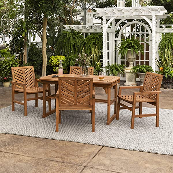 Walker Edison 5 Person Outdoor Wood Chevron Patio Furniture Dining Set Table Chairs Bench All Weather Backyard Conversation Garden Poolside Balcony, 4 Piece, Brown Brown 4 Piece Dining Set