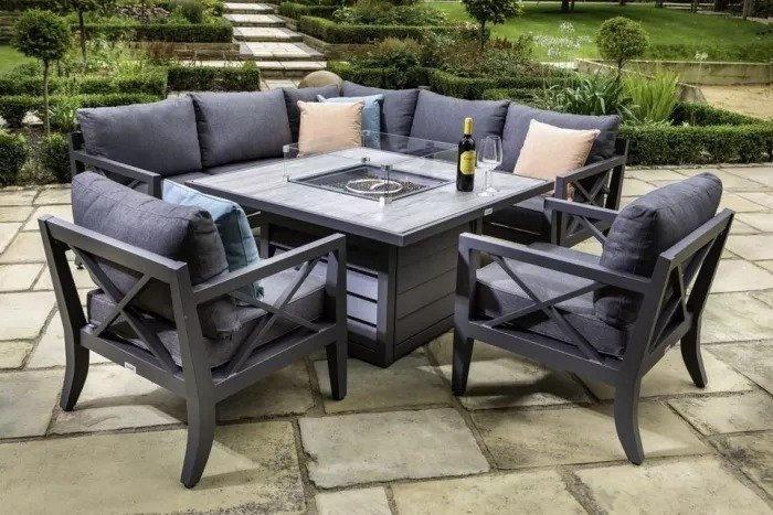 Hartman Sorrento Square Casual Dining Set With Gas Fire Pit & Lounge Chairs Corner Sofa set