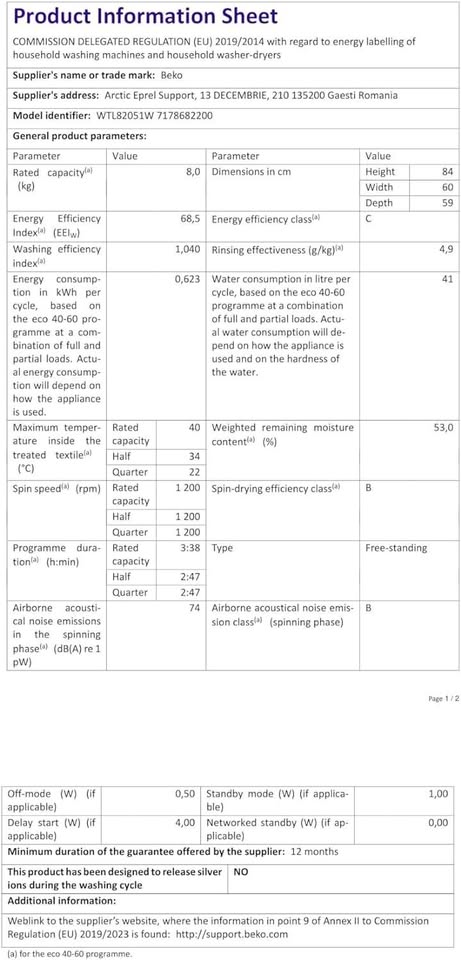 Beko WTL82051W Washing machine 8kg capacity 1200 rpm rotation speed Grade C Energy efficiency