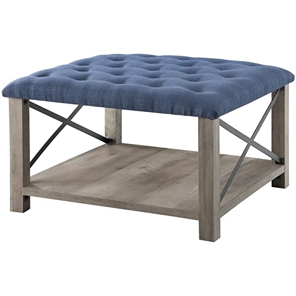 Walker Edison Cambridge Modern Farmhouse Metal X Tufted Ottoman, 30 Inch, Grey Grey Upholstered Ottoman