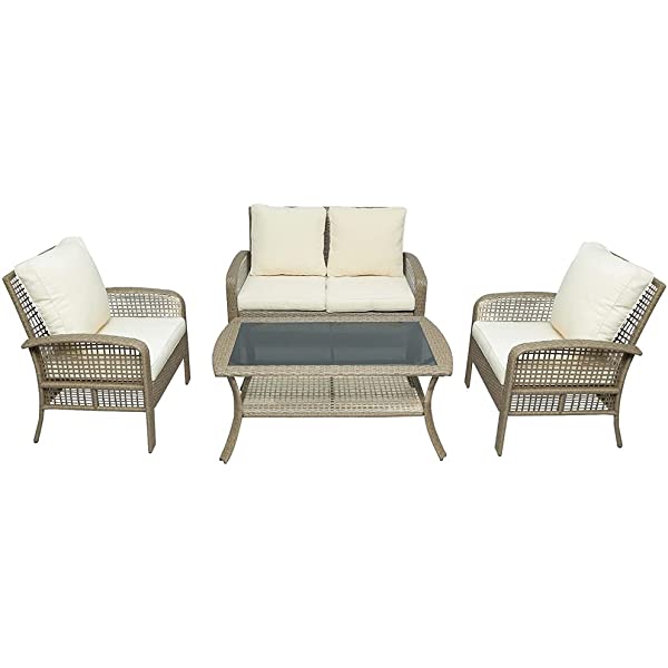 4 Pieces Outdoor Patio Furniture Set Wicker Rattan Cushioned Sectional Sofa Sets with Armchairs and Tempered Glass Table with Storage Shelf (Gray) Grey