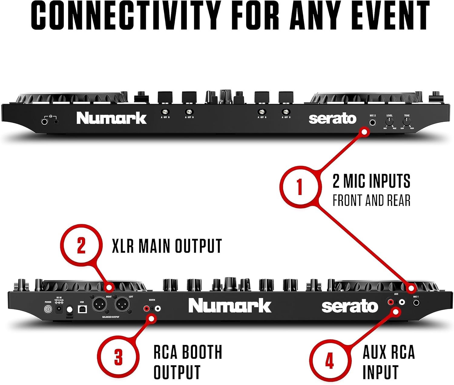 Numark NS4FX – 4-channel DJ Controller, Touch Jog Wheels with Display, Performance Pads and Effects, Booth and Main Outputs, Serato DJ Lite Included