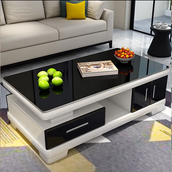 HomeSailing Modern White High Gloss Coffee Table with 2 Storage Drawers Living Room Large Glass Tabletop Coffee Table Wood Frame Sofa End Tea Table Rectangular for Office Waiting Reception Furniture