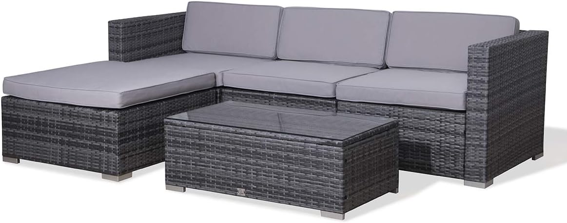 EVRE California Rattan Garden Furniture Set 5 Piece 3 Seater Sofa 1 Ottoman 1 Coffee Table Outdoor Wicker Weave Lounge Sofa and Glass Top Table with Cushions