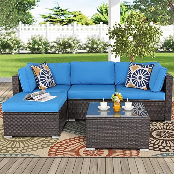 Do4U 5 Pieces Outdoor Patio Furniture Set PE Rattan Patio Set Porch Furniture Cushioned Patio Chairs Set Patio Conversation Set for Garden Balcony Porch Poolside Lawn (Blue)