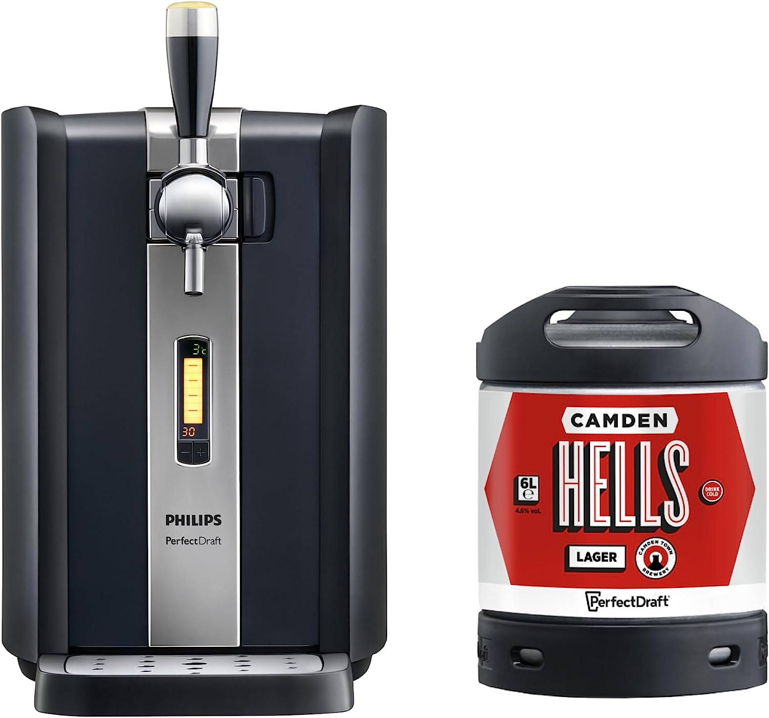 PerfectDraft Phillips Machine Home Beer Cooler and Dispenser System HD 372025 and Camden Hells Keg
