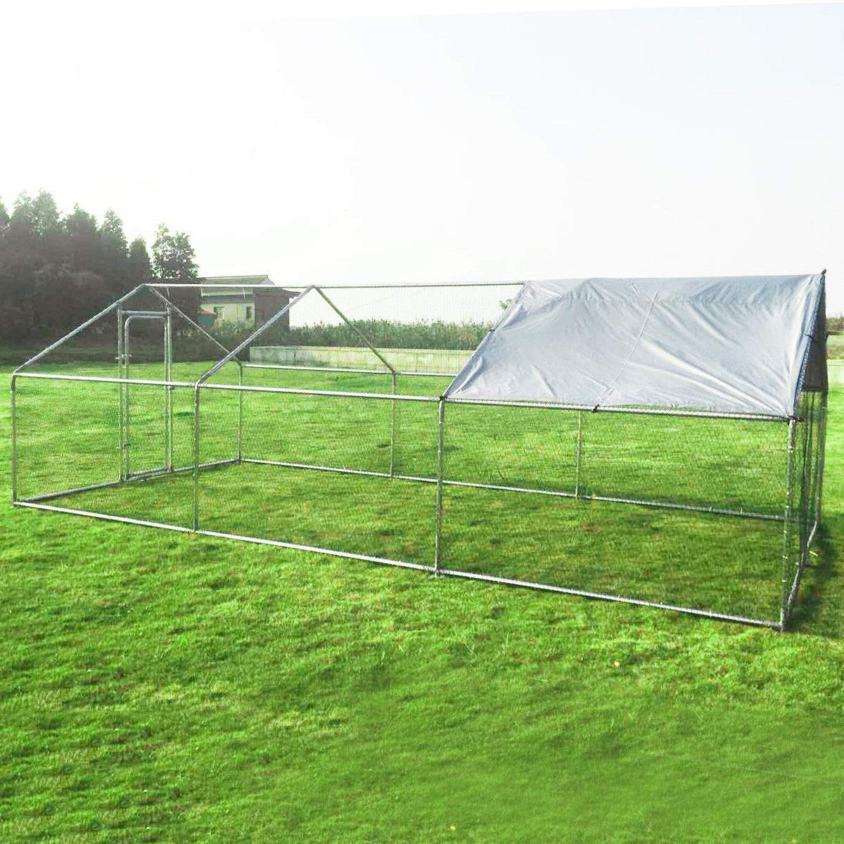 Large Walk-in Hen House with Cover, Galvanized Steel Poultry Run Extension