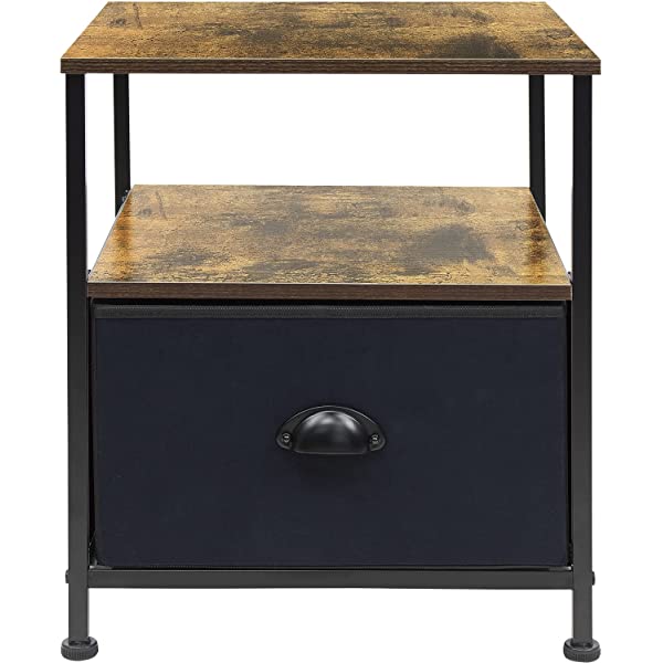 Sorbus Nightstand 1-Drawer Shelf Storage- Bedside Furniture & Accent End Table Chest for Home, Bedroom, Office, College Dorm, Steel Frame, Wood Top, Easy Pull Fabric Bins (Rustic Wood)