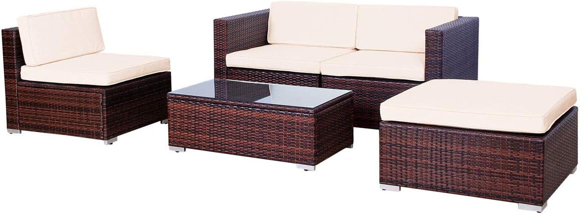 EVRE California Rattan Garden Furniture Set 5 Piece 3 Seater Sofa 1 Ottoman 1 Coffee Table Outdoor Wicker Weave Lounge Sofa and Glass Top Table with Cushions