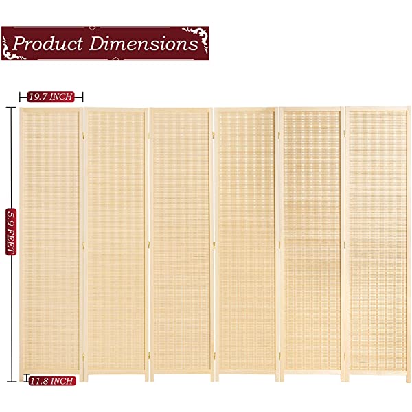 oneinmil Bamboo Room Divider, Semi-Private Folding Portable Partition Screen with Two-Way Hinge, Handmade Bamboo and Wood, 6 Panel