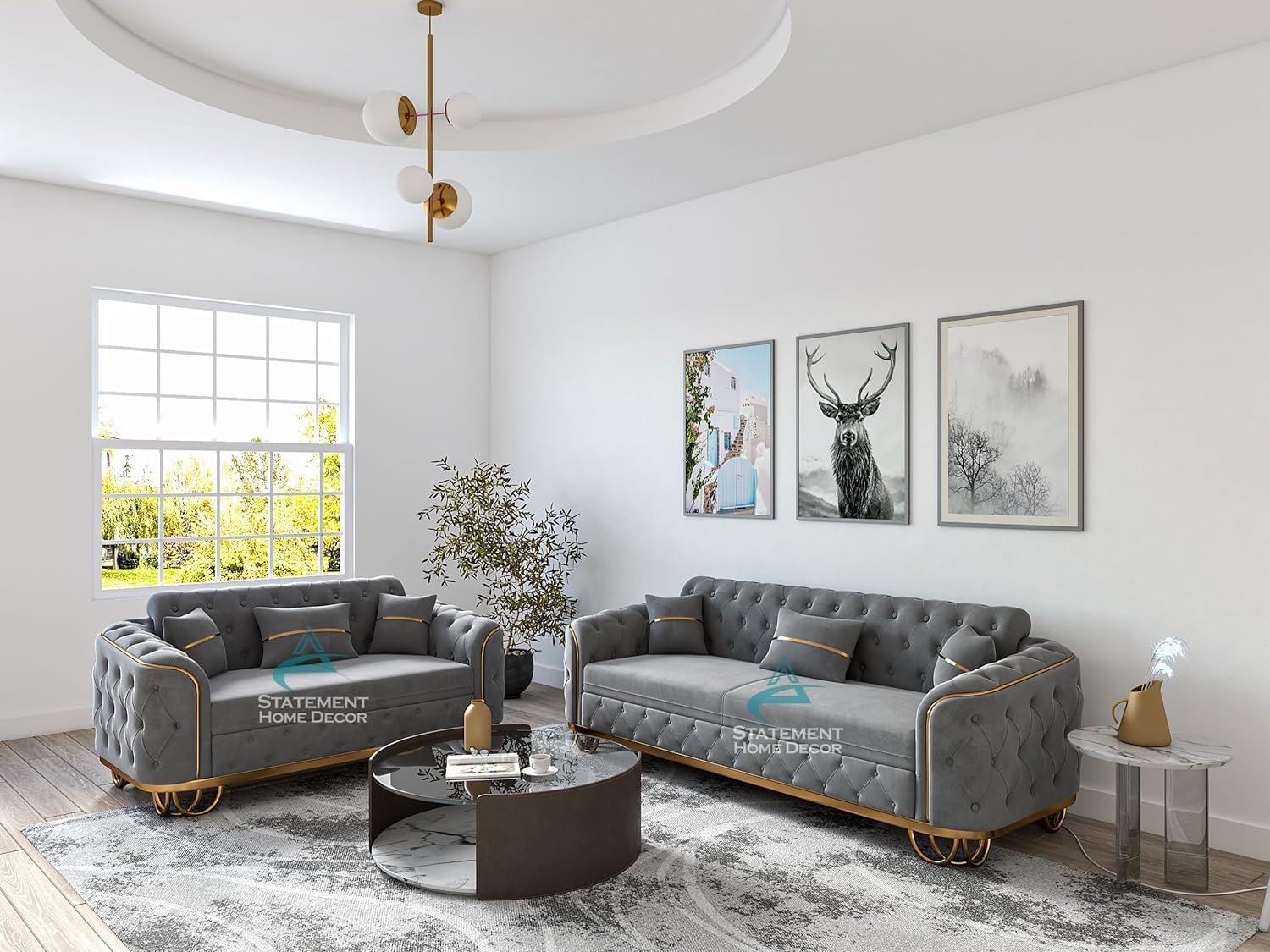 Dark Grey Plush Velvet Sofa, 2 Seater+3 Seater Sofa, 5 Seater Couch Living Room Sofa