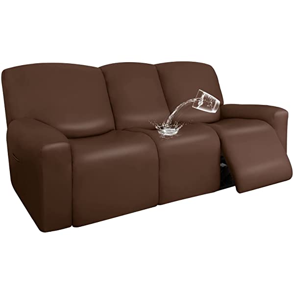 Easy-Going PU Leather Recliner Sofa Slipcovers, Waterproof Stretch Sofa Covers, 8 Pieces Stretch Furniture Protector, Elastic Strap Shield Pets Kids Children Cats Dogs Beige