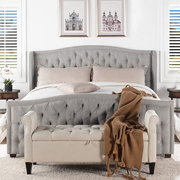 Jennifer Taylor Home Marcella Collection Queen Wingback Tufted Hand-Applied Nail Heads Upholstered Bed, Antique White Antique White Queen