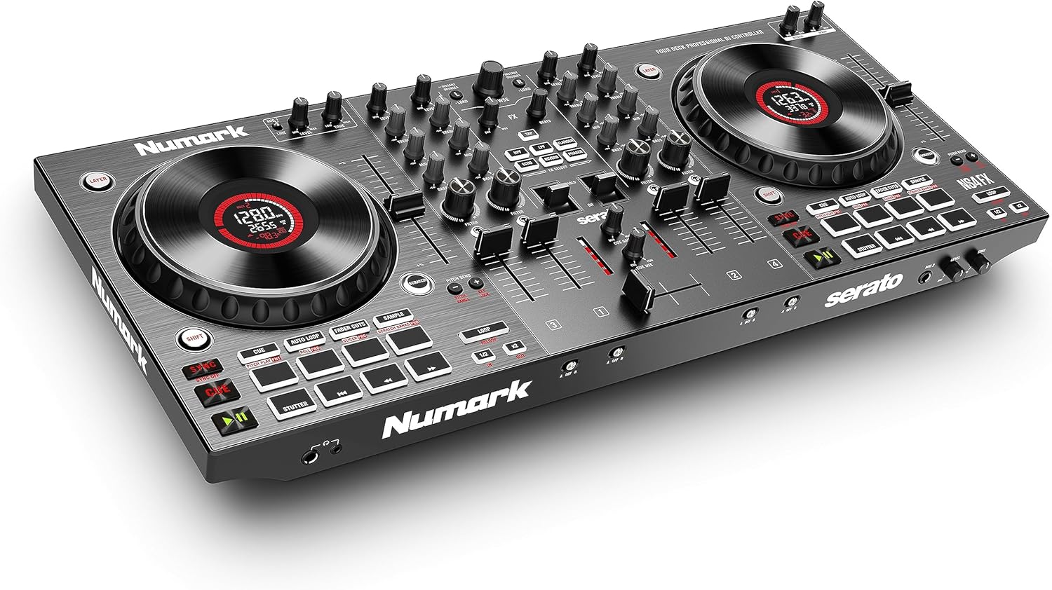 Numark NS4FX – 4-channel DJ Controller, Touch Jog Wheels with Display, Performance Pads and Effects, Booth and Main Outputs, Serato DJ Lite Included